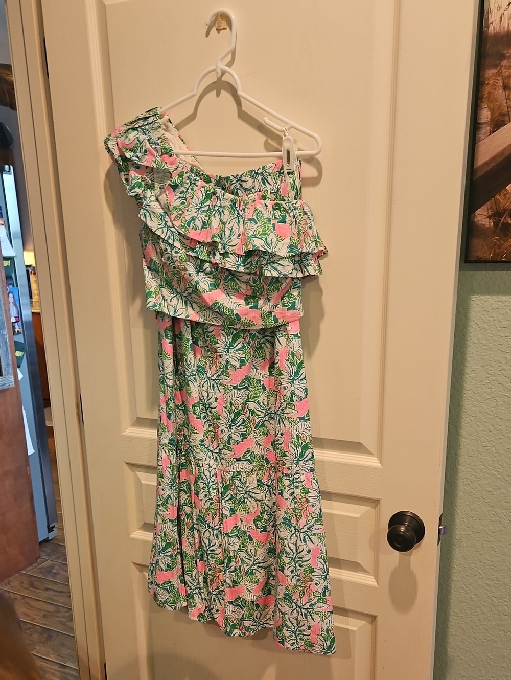 Lilly Pulitzer Pink & Green One-Shoulder Ruffle Dress